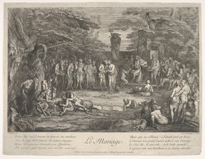 O casamento Le Mariage: em uma floresta, um velho sátiro casa com os noivos em cen ..., ca. 1700-1720. de Claude Gillot