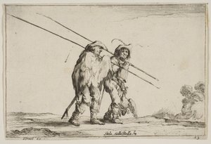 Ilustração 13: Dois pikemen caminhando em direção à direita, cada um com seus piques na mão direita ..., 1642. de Claude Goyrand