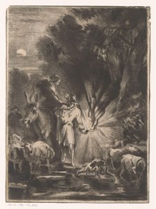 Paisagem noturna com pastor e pastora por um riacho de Claude Henri Watelet