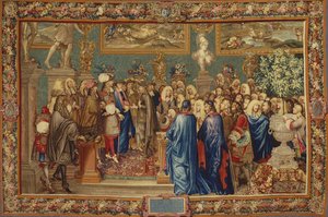 Uma audiência concedida por Luís XIV ao Conde de Fuentes... no Louvre, 24 de Março de 1662, ca. 1730. de Claude I, Ballin