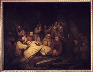 O Conde de Comminges. Última cena dos Memoriais do Conde de Comminges representando O Conde de Comminges reconhecendo Adelaide após a sua morte. Pintura após o romance de François de Baculard d