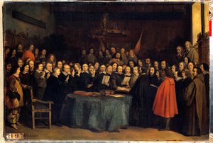 A paz de Westfália, o juramento após a ratificação da paz entre os espanhóis e os necessitados, na Prefeitura de Munster em 15-05-1648 Eles encerraram a Guerra dos Trinta Anos. Pintura de Claudius Jacquand