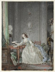 Interior com um retrato de uma jovem antes de um busto de Claude Jean Baptiste Hoin