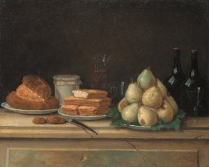 Pêras e pão sobre pratos, com garrafas de vinho e copos sobre uma saliência de pedra (óleo sobre tela) de Claude Joseph Fraichot
