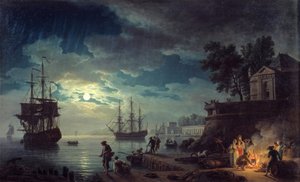 Pesca ao luar Vista noturna de um porto com homens fazendo uma fogueira. Pintura de Joseph Vernet de Claude Joseph Vernet