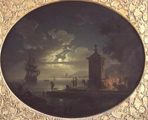 Boa noite: Uma paisagem costeira iluminada pelo luar com Fisherfolk junto a um incêndio num cais, um homem de guerra além de Claude Joseph Vernet