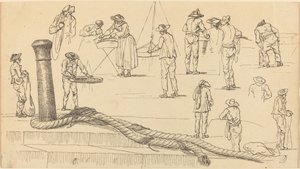 Figuras do cais e um comprimento de corda preso a um poste de amarração de Claude Joseph Vernet