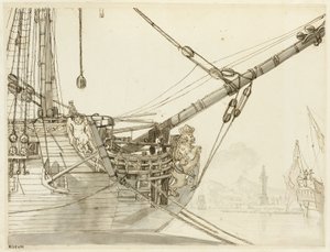 Estudo da proa de um navio de guerra com navios de guerra britânicos e o porto de Nápoles mais além de Claude Joseph Vernet