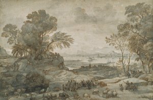Paisagem com Cristo Pregando o Sermão da Montanha (caneta e tinta marrom com lavagem cinza sobre papel) de Claude Lorrain