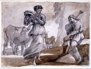 Dança Rural (giz preto e vermelho e lavagem em papel) de Claude Lorrain