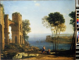 Vista da costa com Apollo e a Sibila Cumaean. Pintura de Claude Gellee, conhecido como Claude Le Lorrain (1600-1682)