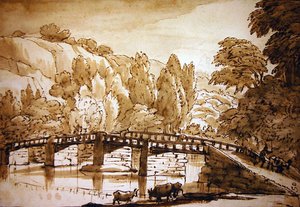 Paisagem arborizada (caneta e tinta e lavagem em papel) de Claude Lorrain