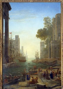 Paisagem com o barco de Santa Paula Romana em Ostia. Santa Paula deixa seus filhos para viajar para a Terra Santa. Tela, 211 x 145 cm - Embarque de Sainte Paule a Óstia. São Paule (347-404 ou 407), viúva romana, discípula de São Jerônimo. Pintura de Cl de Claude Lorrain