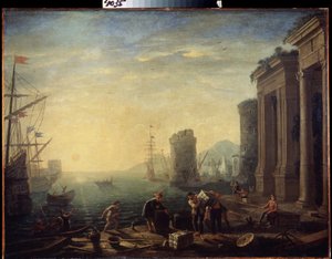Manhã no Porto. Manhã no Porto. Pintura de Claude Gellee, conhecida como le Lorrain (1600-1682). Óleo sobre tela