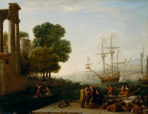 Um porto marítimo ao pôr do sol de Claude Lorrain