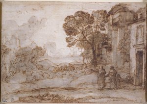 Paisagem com Abraão Expulsando Agar e Ismael, c.1665-67 (caneta e tinta e lave sobre giz no papel) de Claude Lorrain