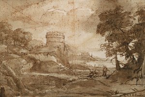 Paisagem com torre redonda e baía de Claude Lorrain