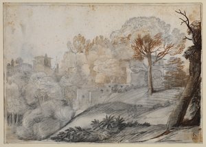 Paisagem com árvores e edifícios de Claude Lorrain
