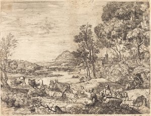 Pastor e pastora conversando em uma paisagem (Berger et bergère conversant) de Claude Lorrain