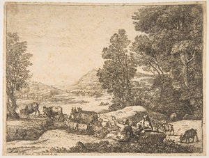 Pastor e pastora conversando em uma paisagem, ca. 1651. de Claude Lorrain
