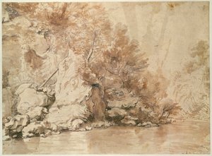 Um estudo para uma paisagem (caneta e bistre e lavar no papel) de Claude Lorrain