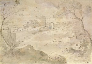 Paisagem com uma cidade fortificada (tinta e lavar no papel) de Claude Lorrain