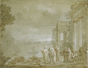 Vista de Cartago com Dido e Aeneas, 1676 (caneta e tinta com lavagem e giz, aumentada com branco sobre papel) de Claude Lorrain