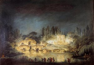 Iluminação do pavilhão Belvedere nos jardins do Peer Trianon em Versalhes durante a festa dada pela Rainha Maria Antonieta em honra de seu irmão José II (1741-1790) em agosto de 1781. Pintura de Claude Louis Chatelet (1753-1794)