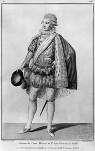 Conde Almaviva, ilustração do Acto V de &39;O Barbeiro de Sevilha&39; de Pierre Agostinho Caron de Beaumarchais (1732-99) gravado por Jean Victor Dupin (n.1718)