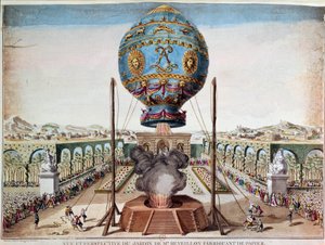 Experiência dos Irmãos Montgolfiere em 19 de outubro de 1783, no jardim do Monsieur Reveillon, faubourg Saint Antoine, em Paris. Gravura de Desrais Claude Louis Desrais (1746-1816)