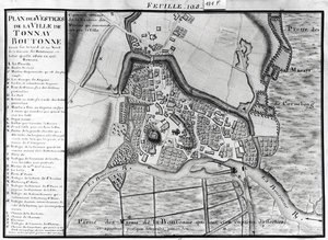 Fol.105 Mapa da cidade de Tonnay-Boutonne, de Recueil des Plans de Saintonge (caneta e tinta e wc sobre papel)