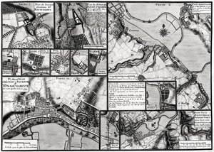 Fol.7 & 98 Mapa das cidades e castelos situados ao longo do rio Charente em 1714, a partir de Recueil des Planos de Saintonge (caneta e tinta e wc no papel)