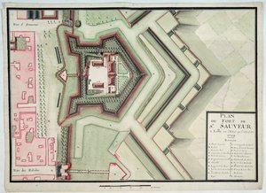 Forte de Saint-Sauveur, Lille, em 1728, de &39;Traite de Fortifications&39; (caneta e tinta sobre papel) de Claude Masse