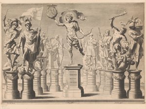 Alegoria em honra da Casa de Sabóia com figuras lendárias em pedestais de Claude Mellan