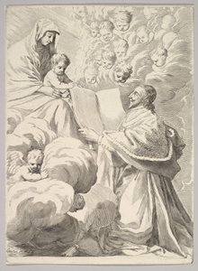 O Cardeal Richelieu, Ajoelhado, Apresenta Seu Livro à Virgem e ao Menino, ca. 1646 de Claude Mellan
