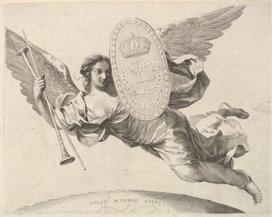 Fama com um escudo com a inicial de Louis XIV La Renommée volant. de Claude Mellan