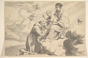 São Francisco de Assis adorando o menino Jesus no colo das virgens.