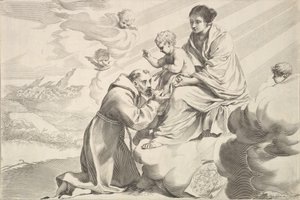 São Francisco de Assis adorando o Menino Jesus no colo das virgens.