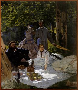 Pequeno almoço na relva Fragmento. Parte esquerda. Lado direito: representação da esquerda para a direita de Gustave Courbet, Camille Doncieux e Frederic Bazille (de pé no centro). Pintura de Claude Monet (1840-1926) 1865-1866 Sol. 2,48x2,17 m Paris, musee de Claude Monet