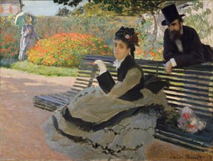 Camille Monet em um banco de jardim de Claude Monet