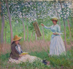 Na floresta em Giverny: Blanche Hoschede em seu cavalete com a leitura de Suzanne Hoschede, 1887 de Claude Monet