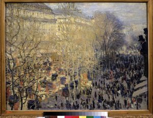 ""Le boulevard des Capucines"" Multidão de transeuntes e trânsito no bairro da Ópera de Paris. Pintura de Claude Monet (1840-1926). Óleo sobre tela. Impressionismo. 1873. Dim. 61x80 cm Museu Pushkin, Moscou de Claude Monet