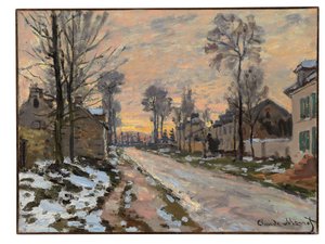 Estrada para Louveciennes, derretendo a neve, pôr do sol, c.1869-70 de Claude Monet
