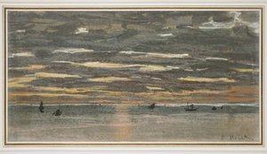 Pôr do sol no mar, 1865-1870 (pastel em papel amarelo) de Claude Monet