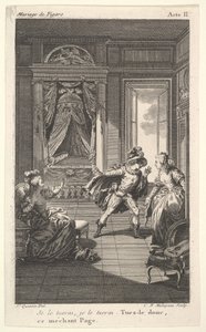 Um homem se inclina para uma mulher parada em uma porta à direita, à esquerda uma mulher sentada levanta ..., ca. 1784
