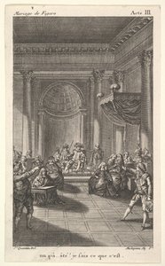 Um homem sentado em uma cadeira em uma plataforma escalonada mantém uma audiência, dois homens apontadores stan ..., ca. 1784