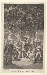 Um jovem rapaz segura uma tocha sob as árvores em um jardim, no centro um homem levanta os dois braços, s ..., ca. 1784