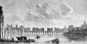 A velha ponte de Londres destruída pelo grande incêndio de 1666. Gravura de um quadro de Claude de Jongh (1650) no Museum of South Kensington.