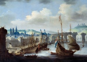 Vista da cidade de Rouen Os navios estão atracados nas margens do Sena. Quadro de Claude de Jongh