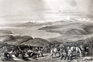 Vista distante do vulcão Aconcágua, da &39;Historia de Chile&39; gravada por F. Lehnert de Claudio Gay